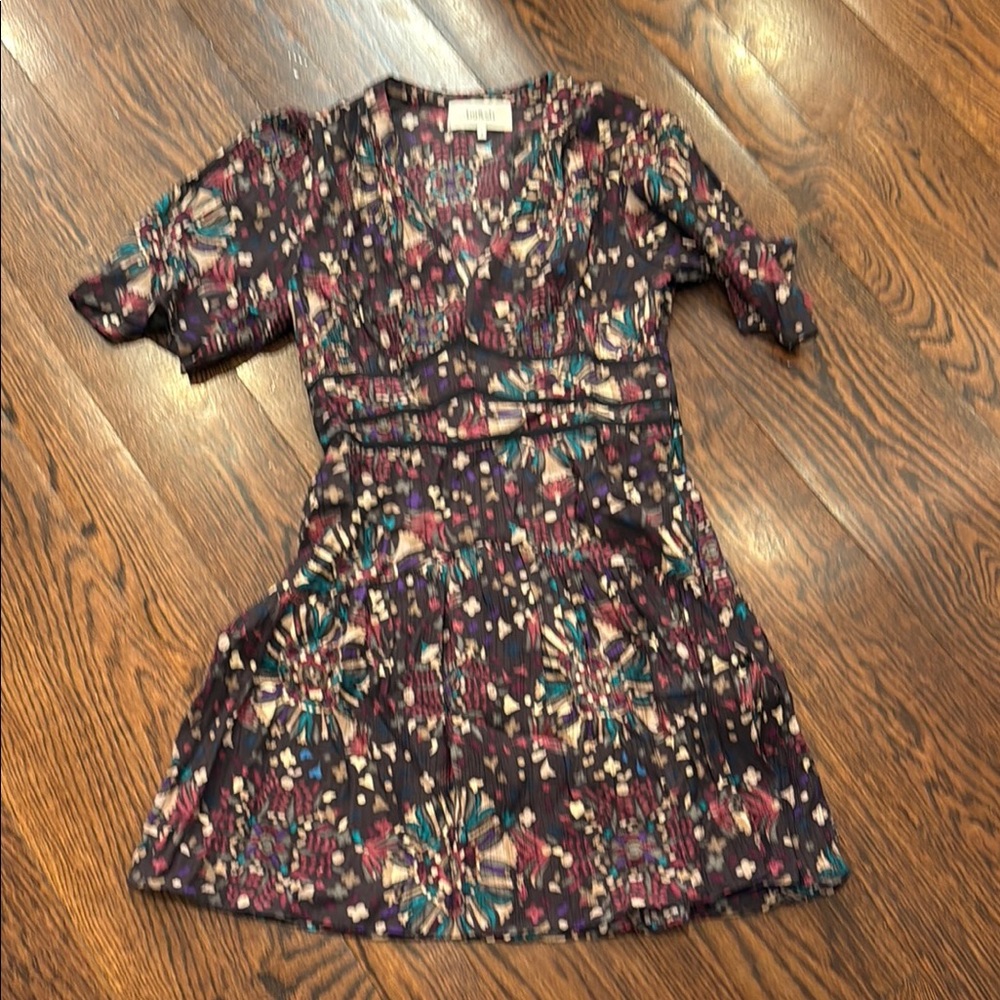 ba&sh Floral Tie-Waist Dress in Deep Plum with Teal Accents